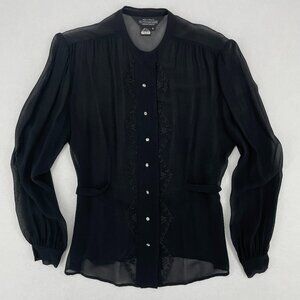 Vintage J. Peterman 8 Sheer Black Silk Blouse Victorian Goth Embroidered